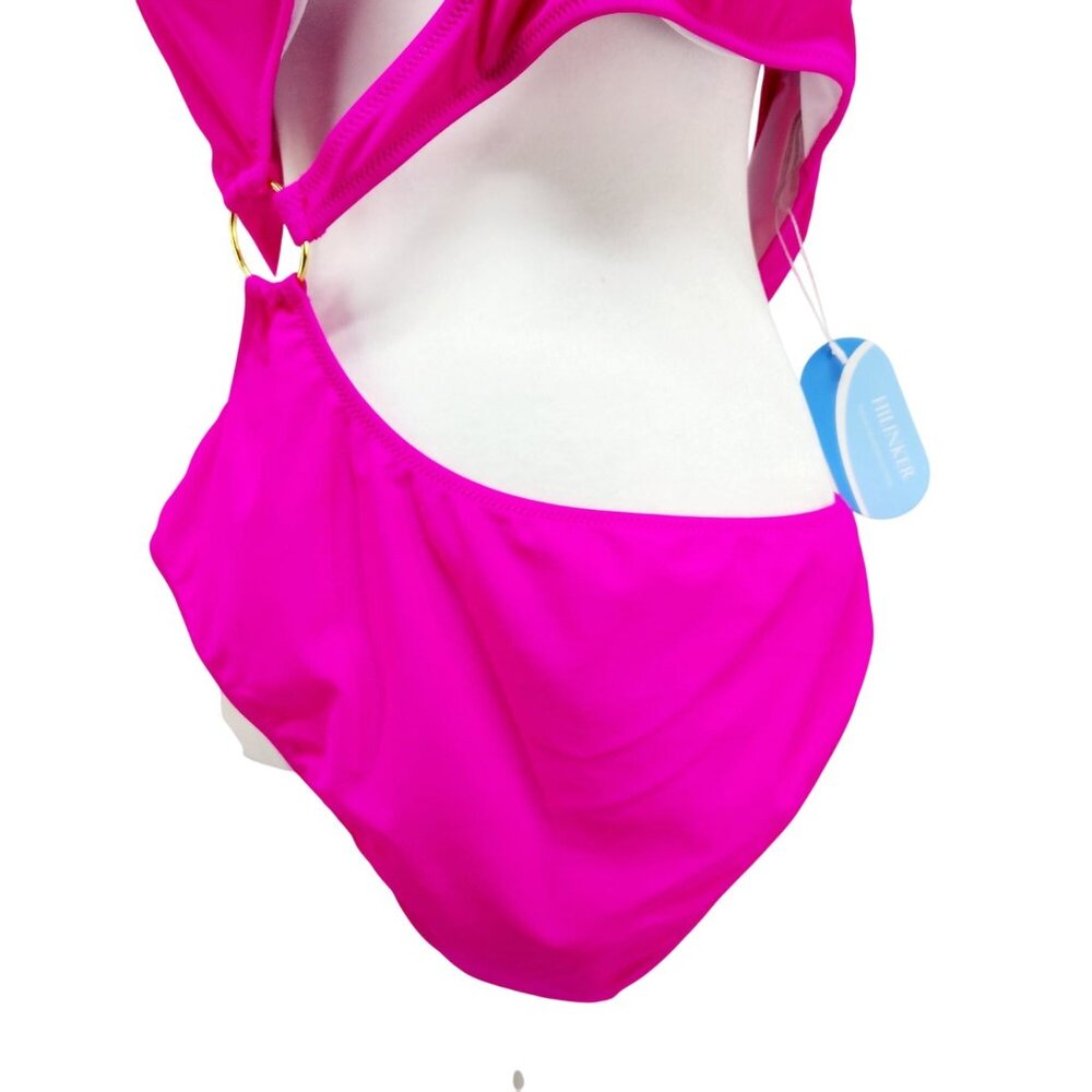Hot Pink Cutout One-Piece Swimsuit Gold Ring  Halter Neck Tie Size XXL New - Picture 12 of 13